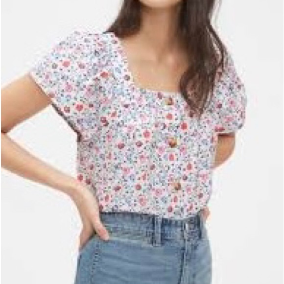 GAP | Crisp Ditsy FLORAL Square Neckline Short Flare Sleeves Button Placket Top - Picture 14 of 14